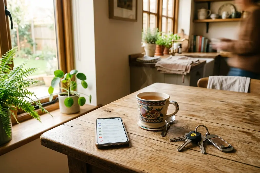 Phone on a kitchen table showing a new job alert email beside a mug and keys
